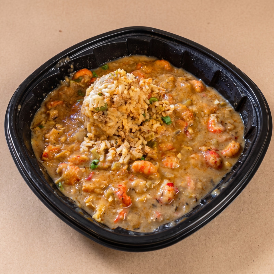 Black takeout container filled with creamy crawfish stew, topped with seasoned rice and chopped green onions.