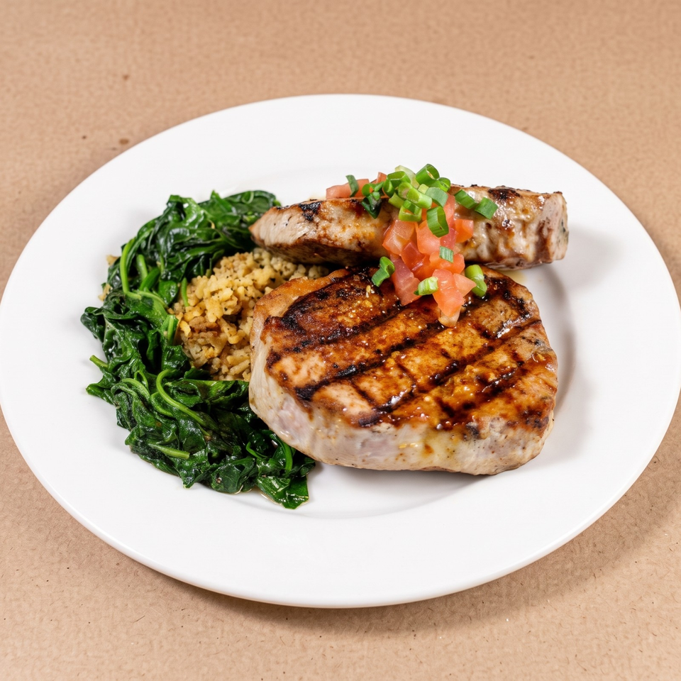 Grilled chicken breasts topped with diced tomatoes and green onions, served with sautéed spinach and seasoned rice on a white plate.