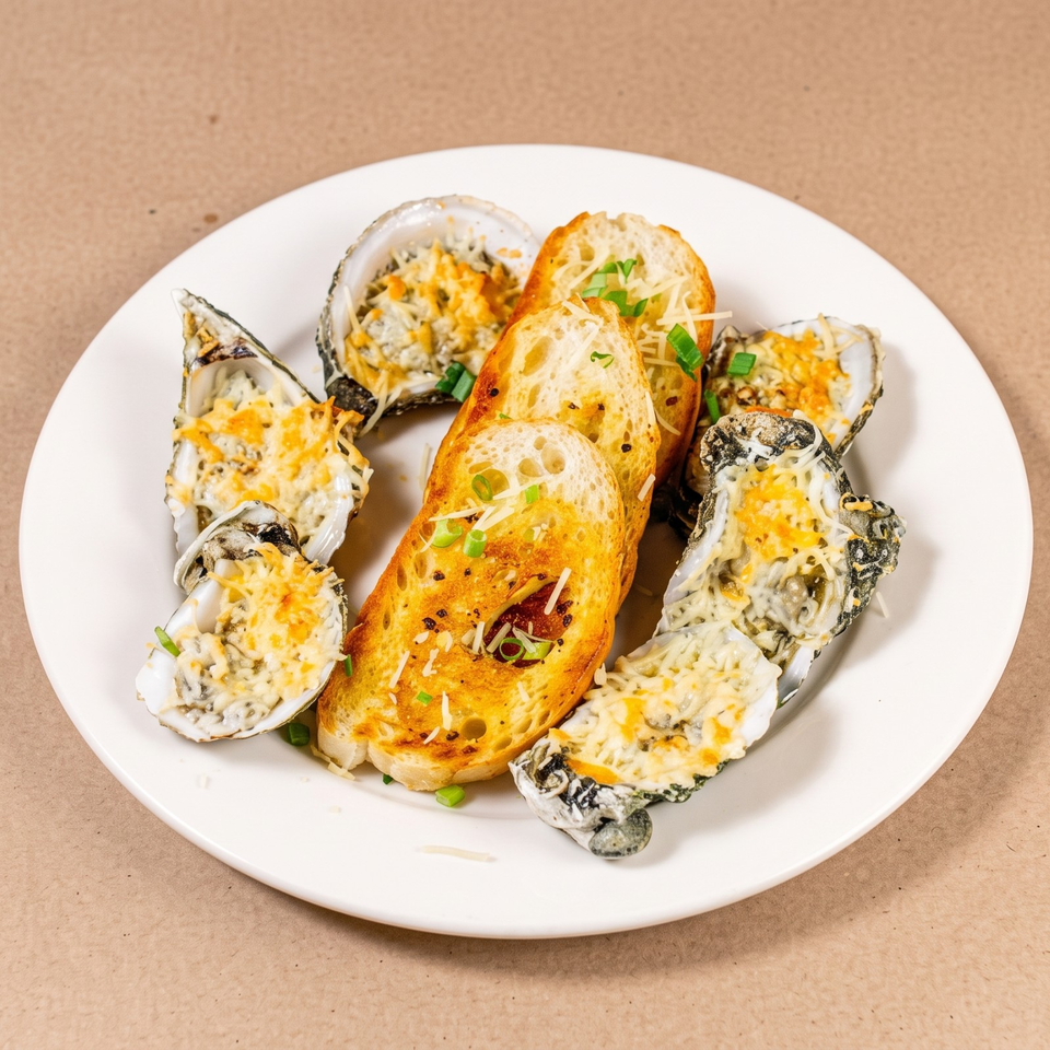 Baked oysters topped with melted cheese and green onions surround slices of toasted garlic bread on a white plate.