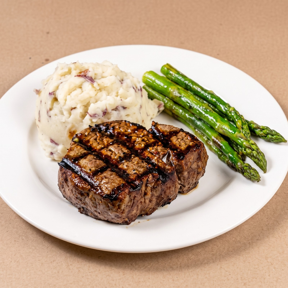 Grilled steak medallions served with mashed potatoes and roasted asparagus on a white plate.