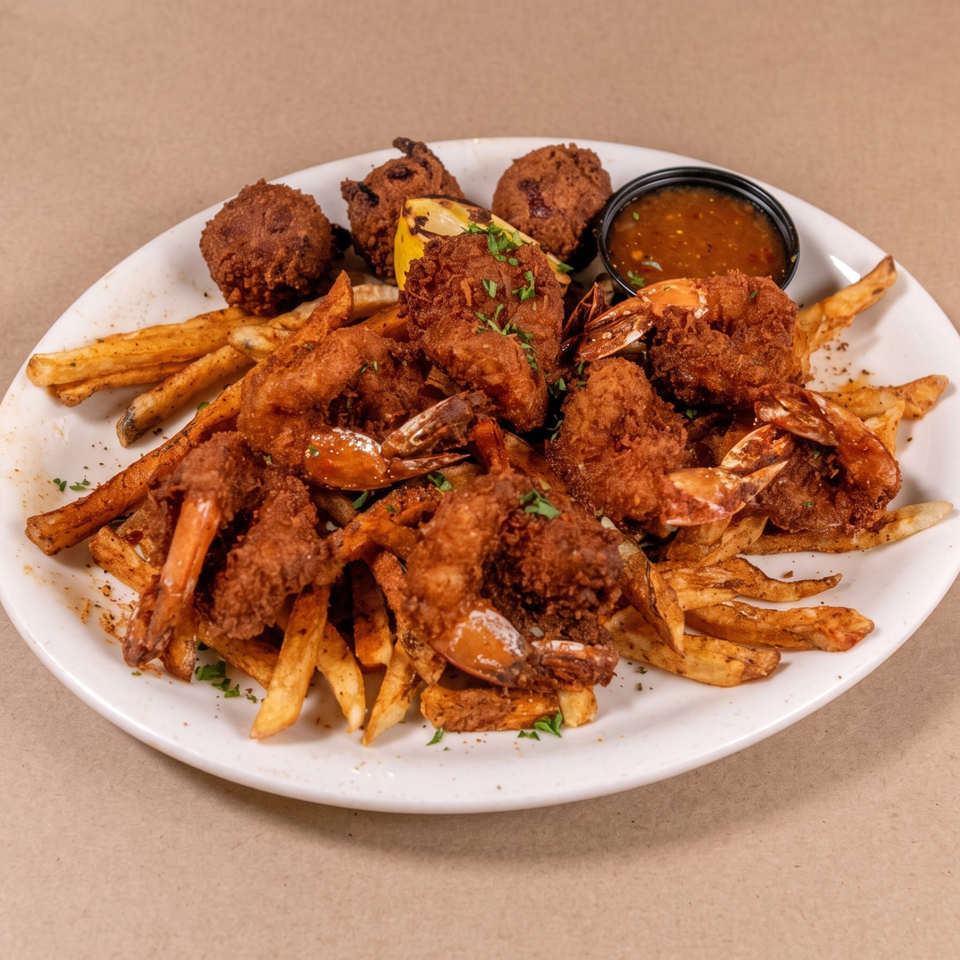 Plate of crispy fried shrimp, crab claws, hush puppies, and seasoned fries with dipping sauce and herbs.