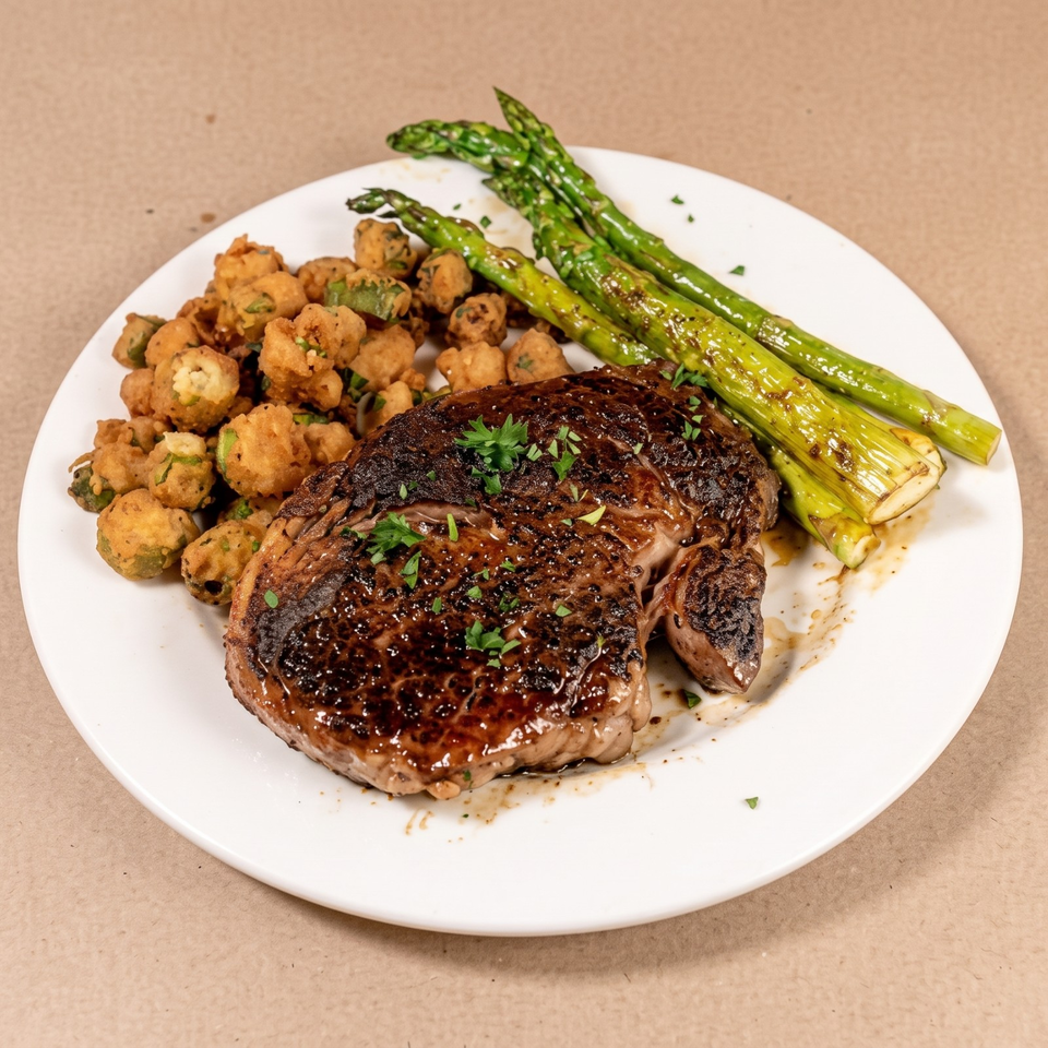 Grilled steak garnished with herbs, served alongside grilled asparagus and crispy fried okra on a white plate.