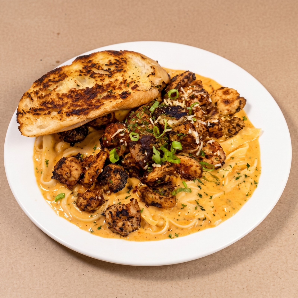 Creamy pasta topped with grilled chicken, shrimp, green onions, and herbs, served with toasted garlic bread on a white plate.
